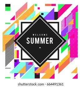 Trendy flat geometric vector banners. Vivid colorful banners in retro poster design style. Vintage colors and shapes Summer holiday theme.