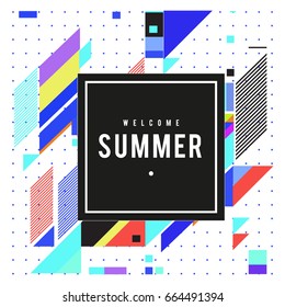 Trendy flat geometric vector banners. Vivid colorful banners in retro poster design style. Vintage colors and shapes Summer holiday theme.