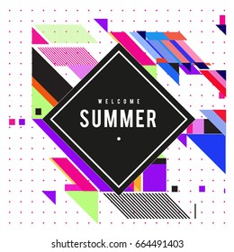 Trendy flat geometric vector banners. Vivid colorful banners in retro poster design style. Vintage colors and shapes Summer holiday theme.