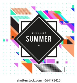 Trendy flat geometric vector banners. Vivid colorful banners in retro poster design style. Vintage colors and shapes Summer holiday theme.