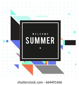 Trendy flat geometric vector banners. Vivid colorful banners in retro poster design style. Vintage colors and shapes Summer holiday theme.