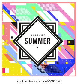 Trendy flat geometric vector banners. Vivid colorful banners in retro poster design style. Vintage colors and shapes Summer holiday theme.