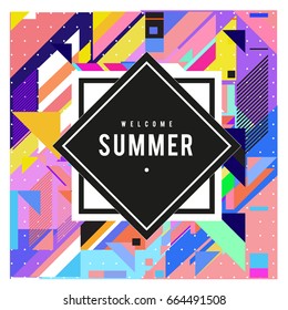 Trendy flat geometric vector banners. Vivid colorful banners in retro poster design style. Vintage colors and shapes Summer holiday theme.