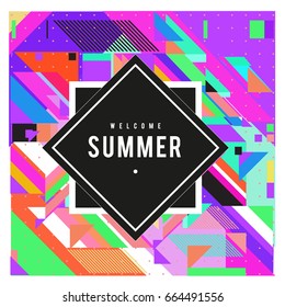 Trendy flat geometric vector banners. Vivid colorful banners in retro poster design style. Vintage colors and shapes Summer holiday theme.