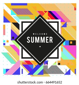 Trendy flat geometric vector banners. Vivid colorful banners in retro poster design style. Vintage colors and shapes Summer holiday theme.