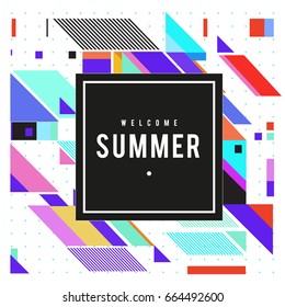 Trendy flat geometric vector banners. Vivid colorful banners in retro poster design style. Vintage colors and shapes Summer holiday theme.