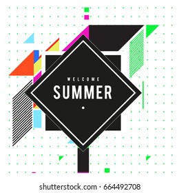 Trendy flat geometric vector banners. Vivid colorful banners in retro poster design style. Vintage colors and shapes Summer holiday theme.