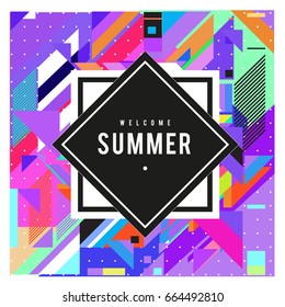 Trendy flat geometric vector banners. Vivid colorful banners in retro poster design style. Vintage colors and shapes Summer holiday theme.