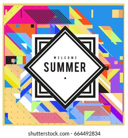 Trendy flat geometric vector banners. Vivid colorful banners in retro poster design style. Vintage colors and shapes Summer holiday theme.