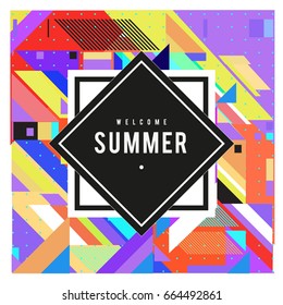 Trendy flat geometric vector banners. Vivid colorful banners in retro poster design style. Vintage colors and shapes Summer holiday theme.