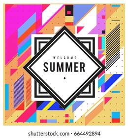 Trendy flat geometric vector banners. Vivid colorful banners in retro poster design style. Vintage colors and shapes Summer holiday theme.