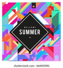 Trendy flat geometric vector banners. Vivid colorful banners in retro poster design style. Vintage colors and shapes Summer holiday theme.