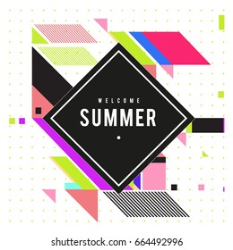 Trendy flat geometric vector banners. Vivid colorful banners in retro poster design style. Vintage colors and shapes Summer holiday theme.