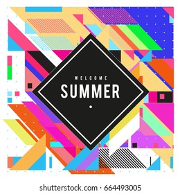Trendy flat geometric vector banners. Vivid colorful banners in retro poster design style. Vintage colors and shapes Summer holiday theme.