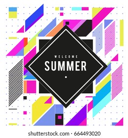 Trendy flat geometric vector banners. Vivid colorful banners in retro poster design style. Vintage colors and shapes Summer holiday theme.