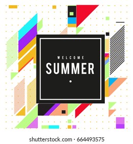 Trendy flat geometric vector banners. Vivid colorful banners in retro poster design style. Vintage colors and shapes Summer holiday theme.