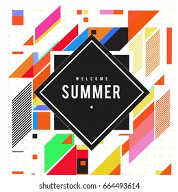 Trendy flat geometric vector banners. Vivid colorful banners in retro poster design style. Vintage colors and shapes Summer holiday theme.