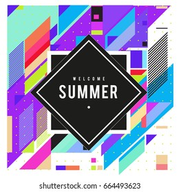 Trendy flat geometric vector banners. Vivid colorful banners in retro poster design style. Vintage colors and shapes Summer holiday theme.