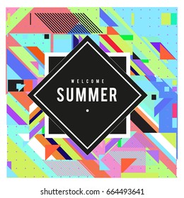 Trendy flat geometric vector banners. Vivid colorful banners in retro poster design style. Vintage colors and shapes Summer holiday theme.