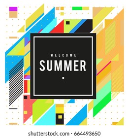 Trendy flat geometric vector banners. Vivid colorful banners in retro poster design style. Vintage colors and shapes Summer holiday theme.