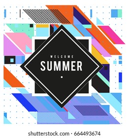 Trendy flat geometric vector banners. Vivid colorful banners in retro poster design style. Vintage colors and shapes Summer holiday theme.