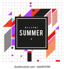 Trendy flat geometric vector banners. Vivid colorful banners in retro poster design style. Vintage colors and shapes Summer holiday theme.