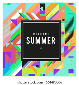 Trendy flat geometric vector banners. Vivid colorful banners in retro poster design style. Vintage colors and shapes Summer holiday theme.