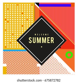 Trendy flat geometric vector banners. Vivid colorful banners in retro poster design style. Vintage colors and shapes Summer holiday theme.