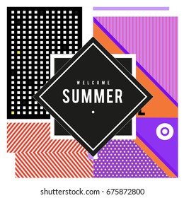 Trendy flat geometric vector banners. Vivid colorful banners in retro poster design style. Vintage colors and shapes Summer holiday theme.