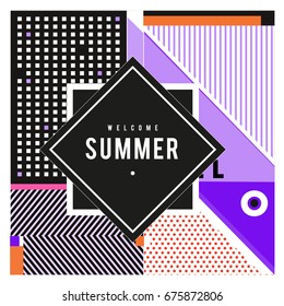 Trendy flat geometric vector banners. Vivid colorful banners in retro poster design style. Vintage colors and shapes Summer holiday theme.