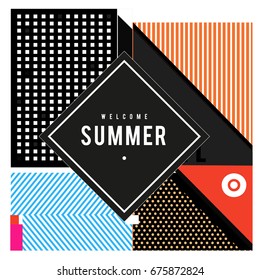 Trendy flat geometric vector banners. Vivid colorful banners in retro poster design style. Vintage colors and shapes Summer holiday theme.