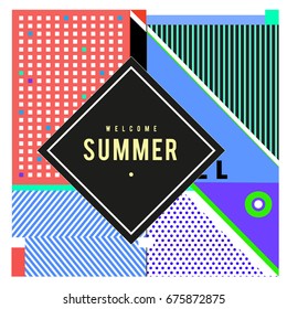 Trendy flat geometric vector banners. Vivid colorful banners in retro poster design style. Vintage colors and shapes Summer holiday theme.