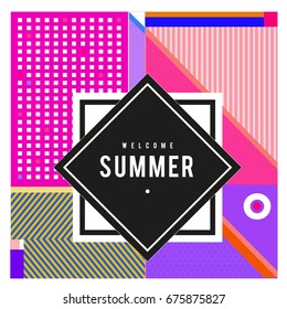 
Trendy flat geometric vector banners. Vivid colorful banners in retro poster design style. Vintage colors and shapes Summer holiday theme.
