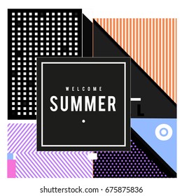 
Trendy flat geometric vector banners. Vivid colorful banners in retro poster design style. Vintage colors and shapes Summer holiday theme.
