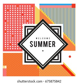 
Trendy flat geometric vector banners. Vivid colorful banners in retro poster design style. Vintage colors and shapes Summer holiday theme.
