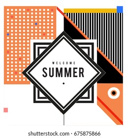 
Trendy flat geometric vector banners. Vivid colorful banners in retro poster design style. Vintage colors and shapes Summer holiday theme.
