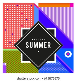 
Trendy flat geometric vector banners. Vivid colorful banners in retro poster design style. Vintage colors and shapes Summer holiday theme.
