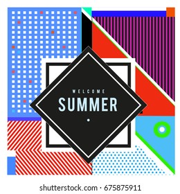 
Trendy flat geometric vector banners. Vivid colorful banners in retro poster design style. Vintage colors and shapes Summer holiday theme.
