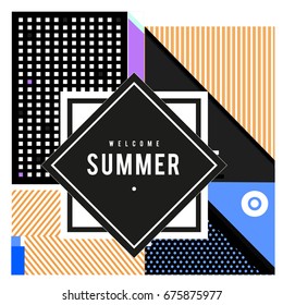 
Trendy flat geometric vector banners. Vivid colorful banners in retro poster design style. Vintage colors and shapes Summer holiday theme.
