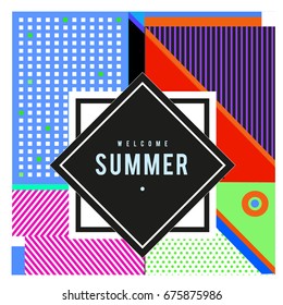 
Trendy flat geometric vector banners. Vivid colorful banners in retro poster design style. Vintage colors and shapes Summer holiday theme.
