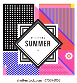 
Trendy flat geometric vector banners. Vivid colorful banners in retro poster design style. Vintage colors and shapes Summer holiday theme.
