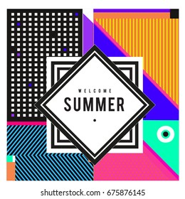 
Trendy flat geometric vector banners. Vivid colorful banners in retro poster design style. Vintage colors and shapes Summer holiday theme.
