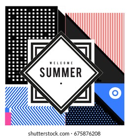 
Trendy flat geometric vector banners. Vivid colorful banners in retro poster design style. Vintage colors and shapes Summer holiday theme.
