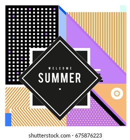
Trendy flat geometric vector banners. Vivid colorful banners in retro poster design style. Vintage colors and shapes Summer holiday theme.
