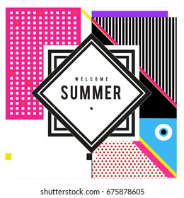 Trendy flat geometric vector banners. Vivid colorful banners in retro poster design style. Vintage colors and shapes Summer holiday theme.
