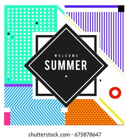 Trendy flat geometric vector banners. Vivid colorful banners in retro poster design style. Vintage colors and shapes Summer holiday theme.