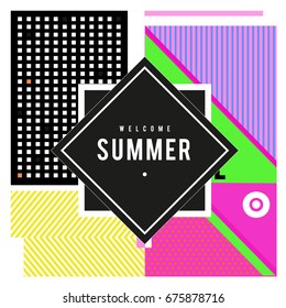 Trendy flat geometric vector banners. Vivid colorful banners in retro poster design style. Vintage colors and shapes Summer holiday theme.