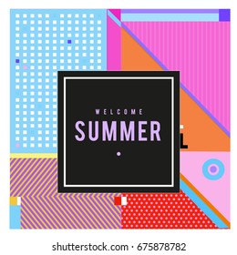 Trendy flat geometric vector banners. Vivid colorful banners in retro poster design style. Vintage colors and shapes Summer holiday theme.