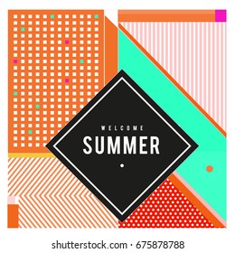 Trendy flat geometric vector banners. Vivid colorful banners in retro poster design style. Vintage colors and shapes Summer holiday theme.
