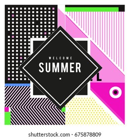 Trendy flat geometric vector banners. Vivid colorful banners in retro poster design style. Vintage colors and shapes Summer holiday theme.